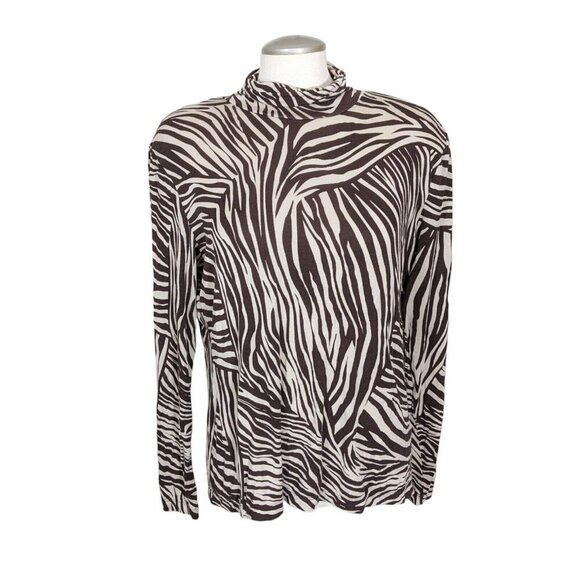 H&M Animal Print Mock Neck Top Womens XL Brown Tiger Stripe Long Sleeve Stretch - Picture 1 of 7